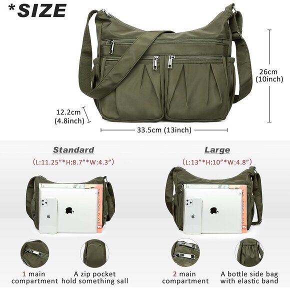 Women Army Green Nylon Water Resistant Anti Theft Travel Crossbody Shoulder Bag - Picture 3 of 7